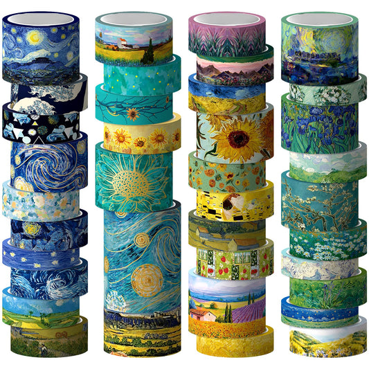 Geesinimo Washi Tape Set, 36 Rolls Van Gogh Vintage Gold Washy Tape, Wide Decorative Tape for Journaling, Scrapbooking Supplies,Vision Board Supplies, 6 Sizes Craft Watercolor Tape