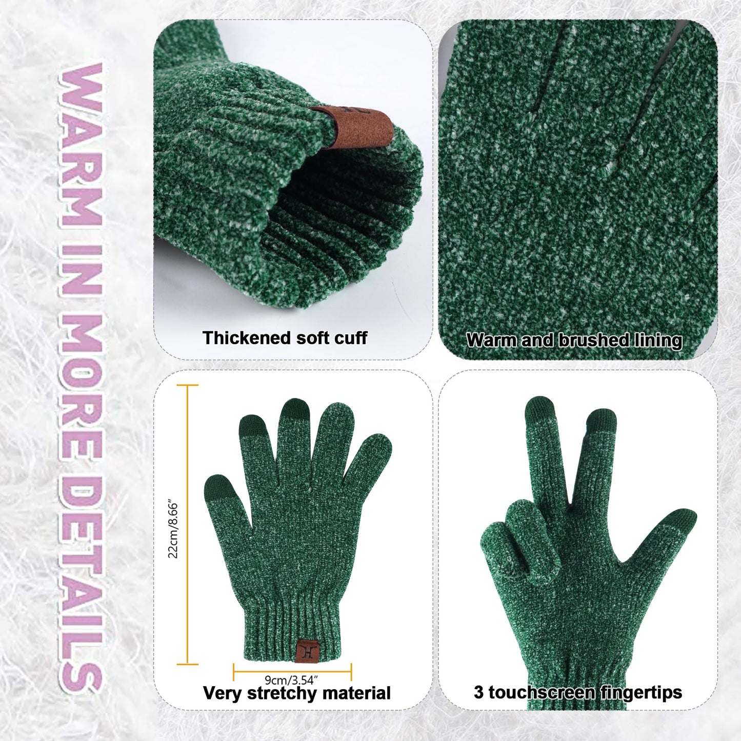 Womens Winter Knit Warm Hat Beanie Long Scarf Touch Screen Gloves Set Skull Caps Neck Scarves for Women Men Dark Green