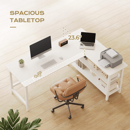 IOTXY Reversible L-Shaped Office Desk - 63" Extra Large Corner Computer Table with Storage Shelves, Solid Wood Legs, Home Writing & Study Workstation, White