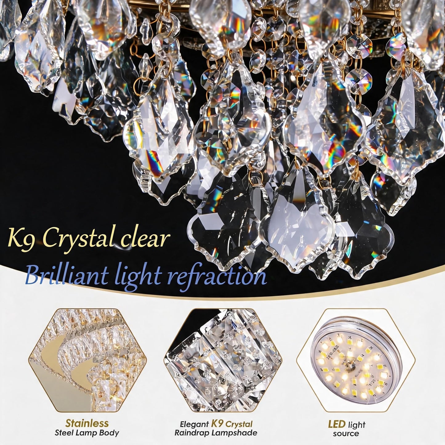 OSGNER 18" Sliver Modern Chandelier with Remote/APP,Flush Mount Crystal Ceiling Light,3-Color LED Dimmable for Living Room Kitchen Dining Room Hallway -Luxury Raindrop Style