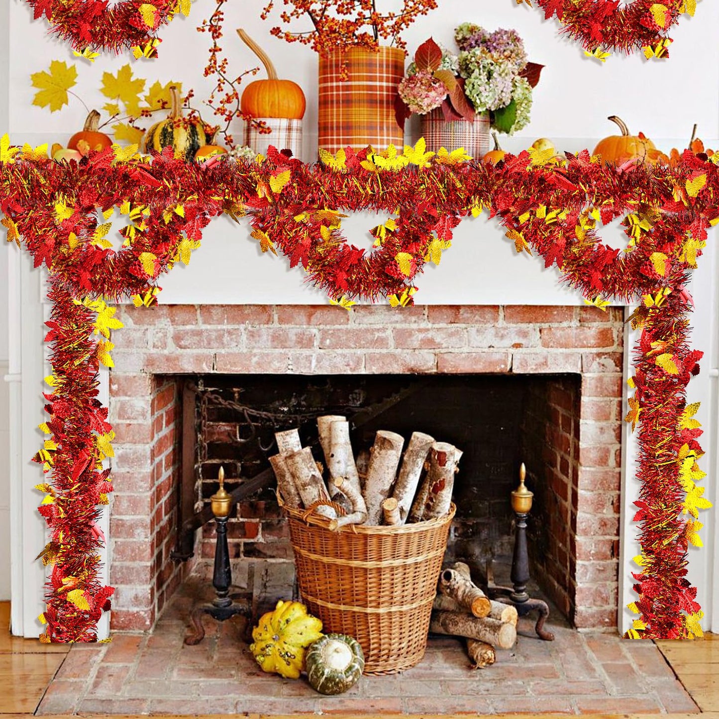 4 Strings Total 26.4 FT Thanksgiving Maple Leaf Tinsel Garlands – Each 6.6 FT Red Gold Metallic Fall Leaf Garland for Autumn, Harvest, and Thanksgiving Party Decorations