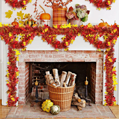 4 Strings Total 26.4 FT Thanksgiving Maple Leaf Tinsel Garlands – Each 6.6 FT Red Gold Metallic Fall Leaf Garland for Autumn, Harvest, and Thanksgiving Party Decorations