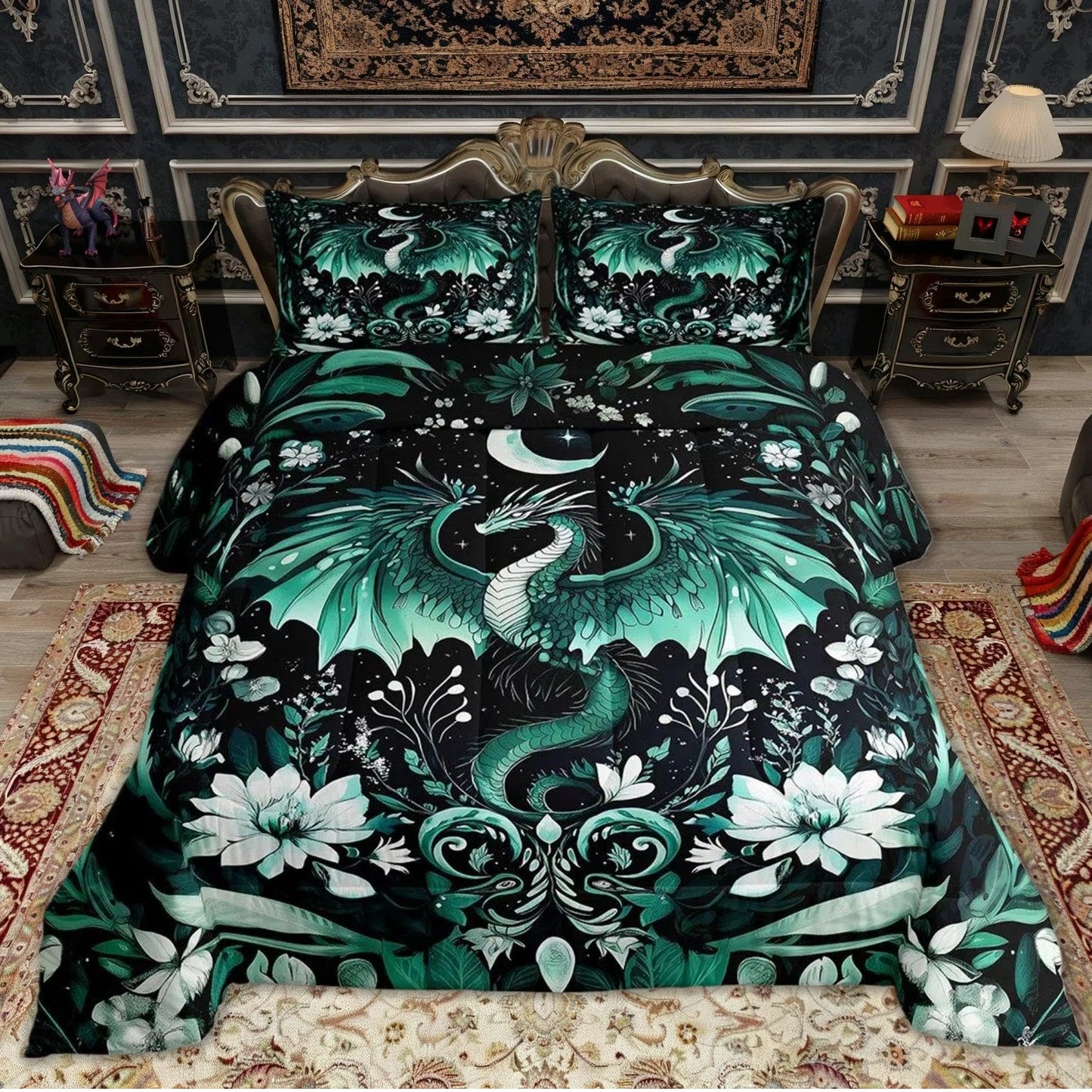 Feelyou Kids Dragon Comforter Set Twin Size, Green Dragon Bedding Set Dragon Lovers Comforter for Kids Boys Girls Boho Duvet Insert Room Decor 2Pcs
