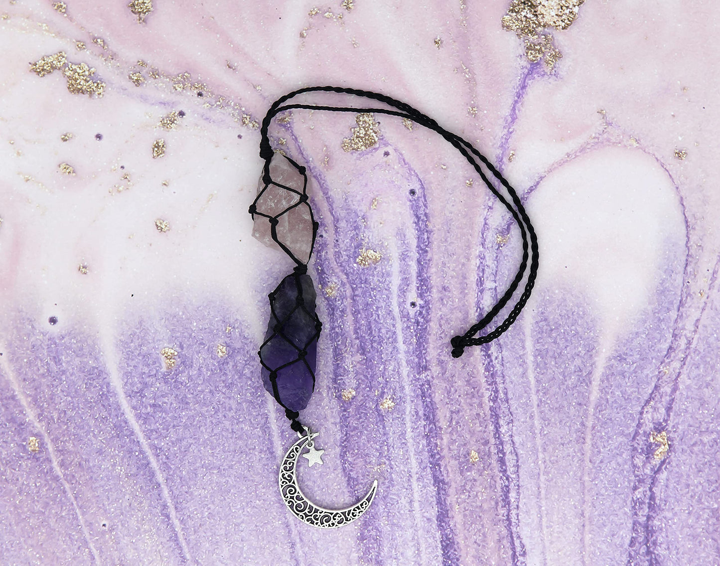 BOHO GARDEN Crystal Hanging Car Charm - Purple Rear View Mirror Hanging Car Accessories for Women, Moon Decor Hanging Ornament, Witchy Gifts and Healing Stones - Rose Quartz & Amethyst