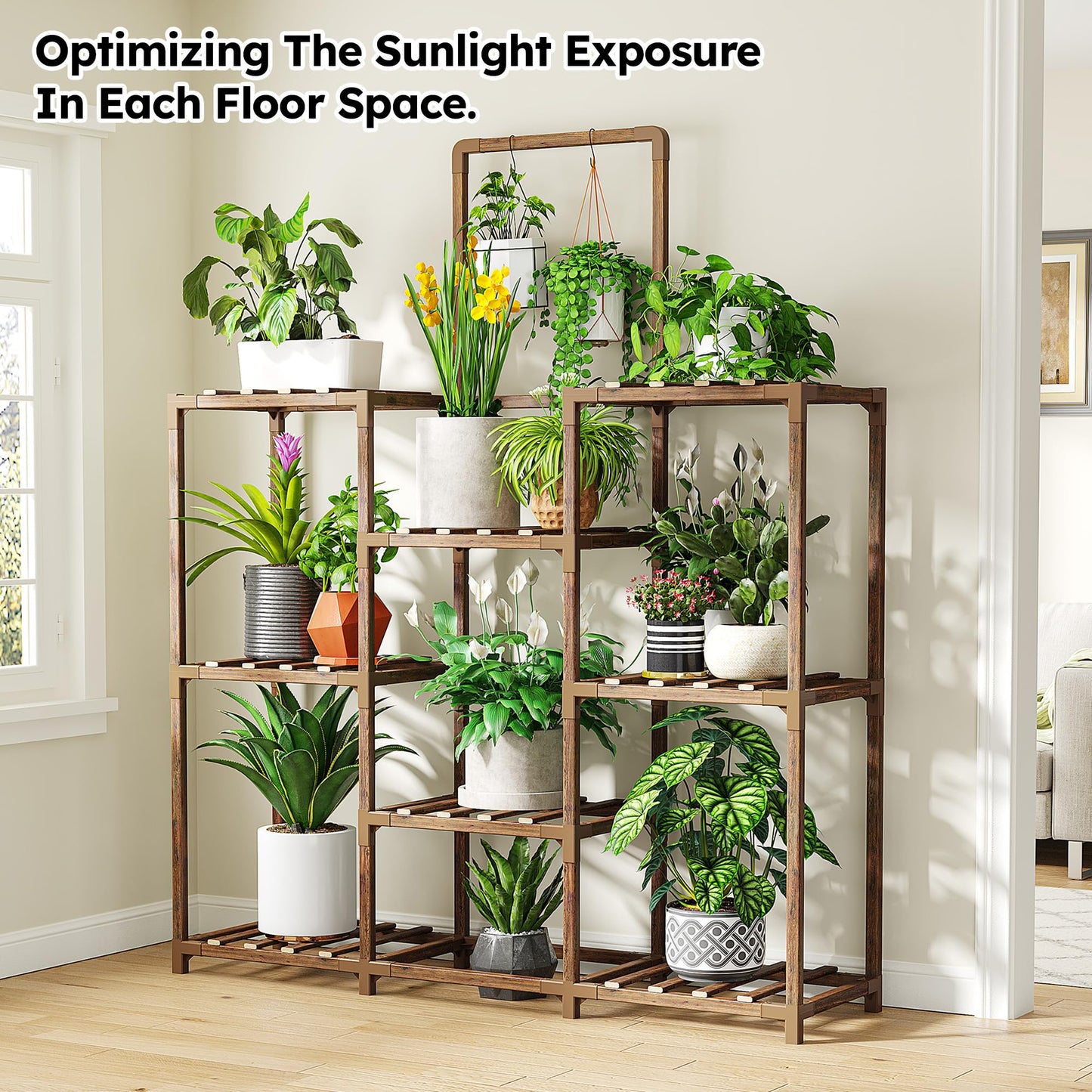 EnHomee Plant Stand, 8 Tiers Indoor Plant Stand for Multiple Plants Pot, Wood Plants Shelves for Living Room, Patio, Balcony, Yard, Garden, 34.3" W x 11.8" D x 47.2" H