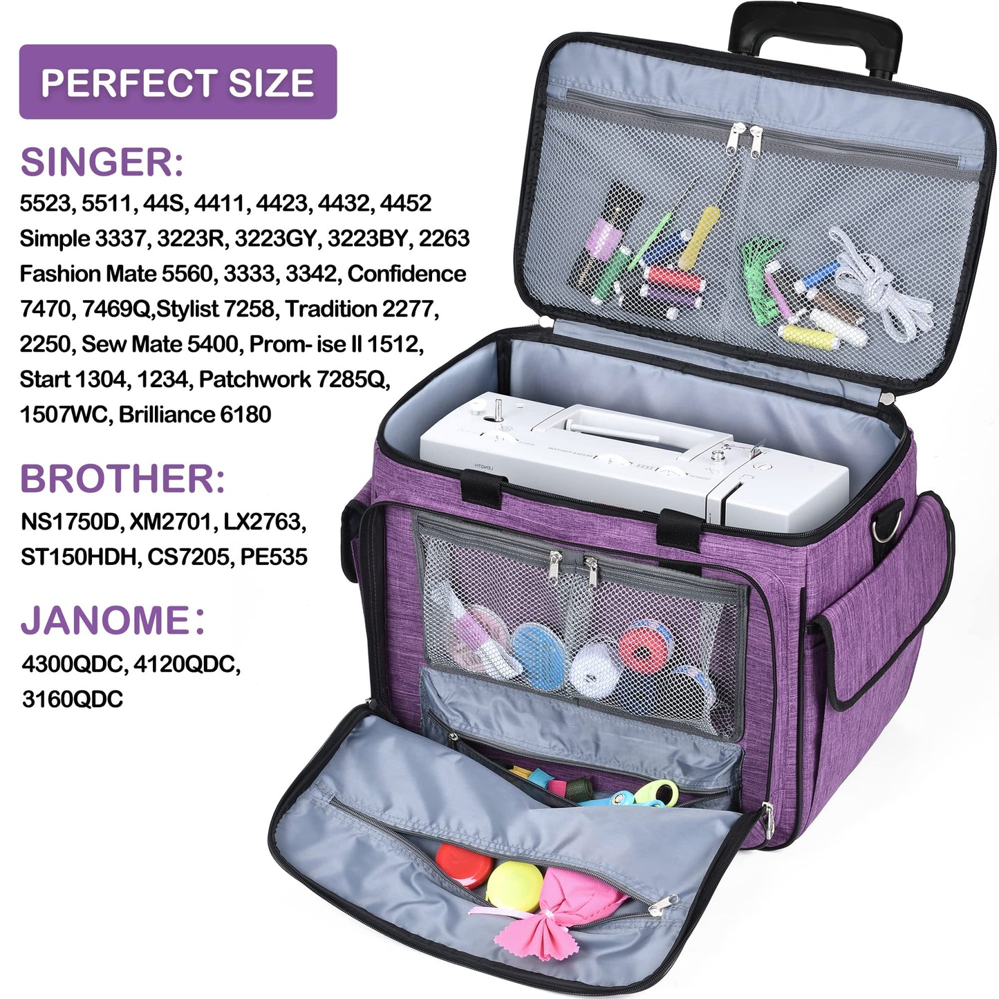 CAB55 Rolling Sewing Machine Case, Detachable Rolling Sewing Machine Carrying Case on Wheels, Trolley Tote Bag with Removable Bottom Wooden Board for Most Standard Sewing Machine -Purple