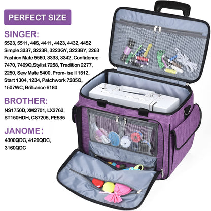 CAB55 Rolling Sewing Machine Case, Detachable Rolling Sewing Machine Carrying Case on Wheels, Trolley Tote Bag with Removable Bottom Wooden Board for Most Standard Sewing Machine -Purple