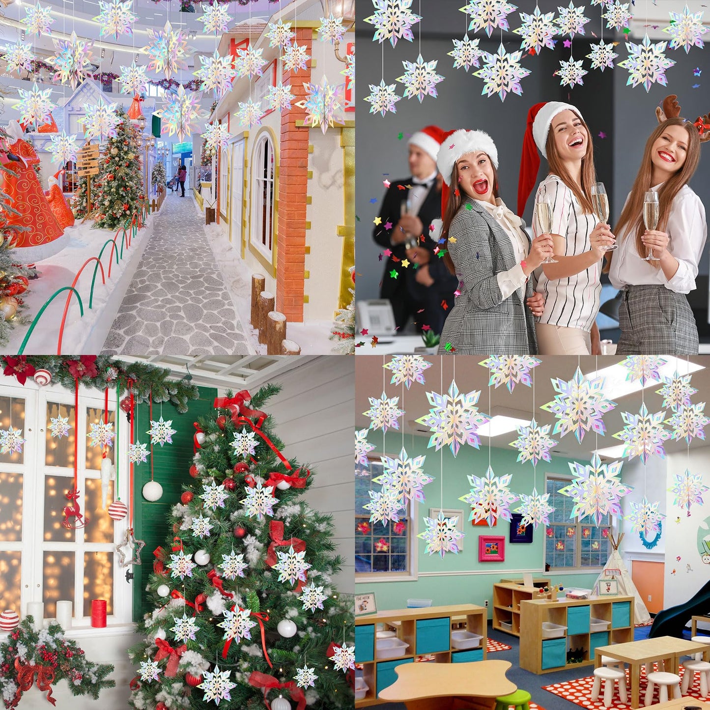 24PCS Snowflake Christmas Decorations, 3D Large Iridescent Paper Snowflakes Garland Hanging Snow Flakes for Winter Wonderland Christmas Party Decorations Holiday New Year Home Decor, Holographic