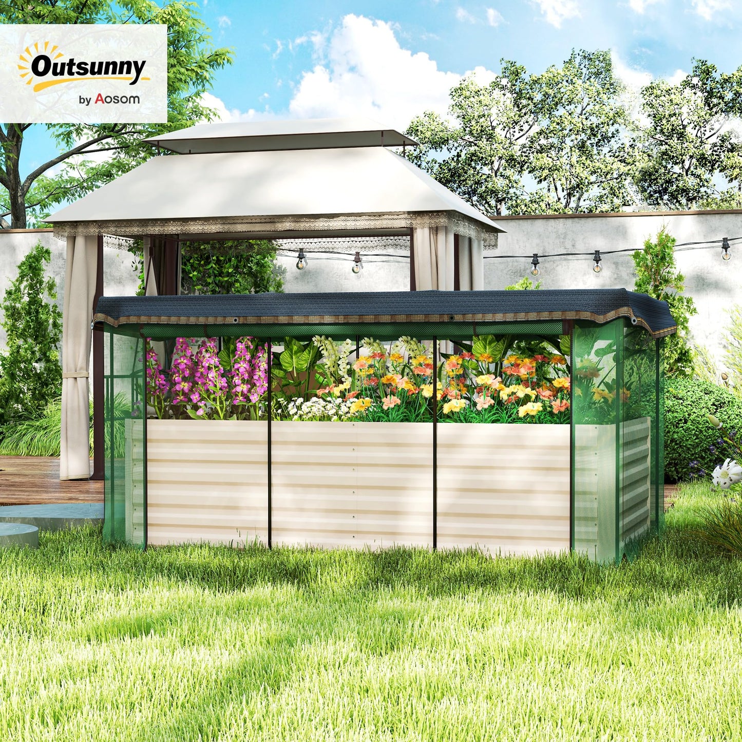 Outsunny 7.3 x 3.4 x 2 ft Galvanized Raised Garden Bed with Crop Cage Plant Protection Net and Shade Cloth Roof, Metal Planter Box with Cover for Vegetables, Flowers, Herbs, Beige
