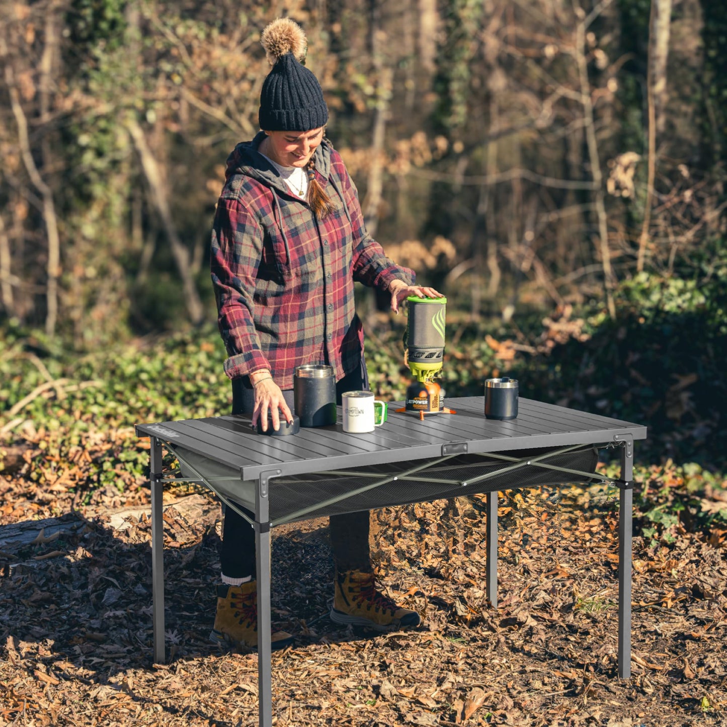 OUTSIDER Folding Camping Table, Portable Roll-up Outdoor Lightweight Aluminum Camp Table for Picnic BBQ Backyards Beach, Large Storage Mesh Pocket and Carrying Bag Included (Gray+Storage)