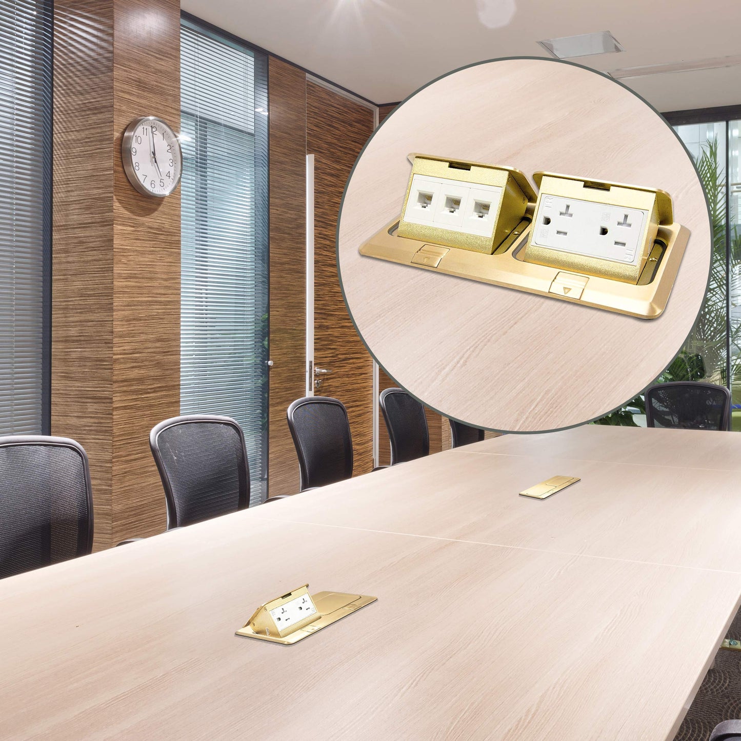 ENERLITES Dual Pop-Up Floor Box Kit, 8.68" X 4.81" Cover, 20A Tamper-Weather Resistant Receptacle Outlets, RJ45 Data Ports, Watertight Gasket, Corrosive Resistant Hardware, 662301-C-D, Brass