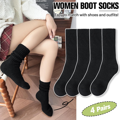 EBMORE Womens Black Merino Wool Slouchy Boot Socks Thermal Warm Winter Thick Scrunch Slouch Cozy Crew Gifts Socks 4 Pairs Stocking Stuffers(Black,M)