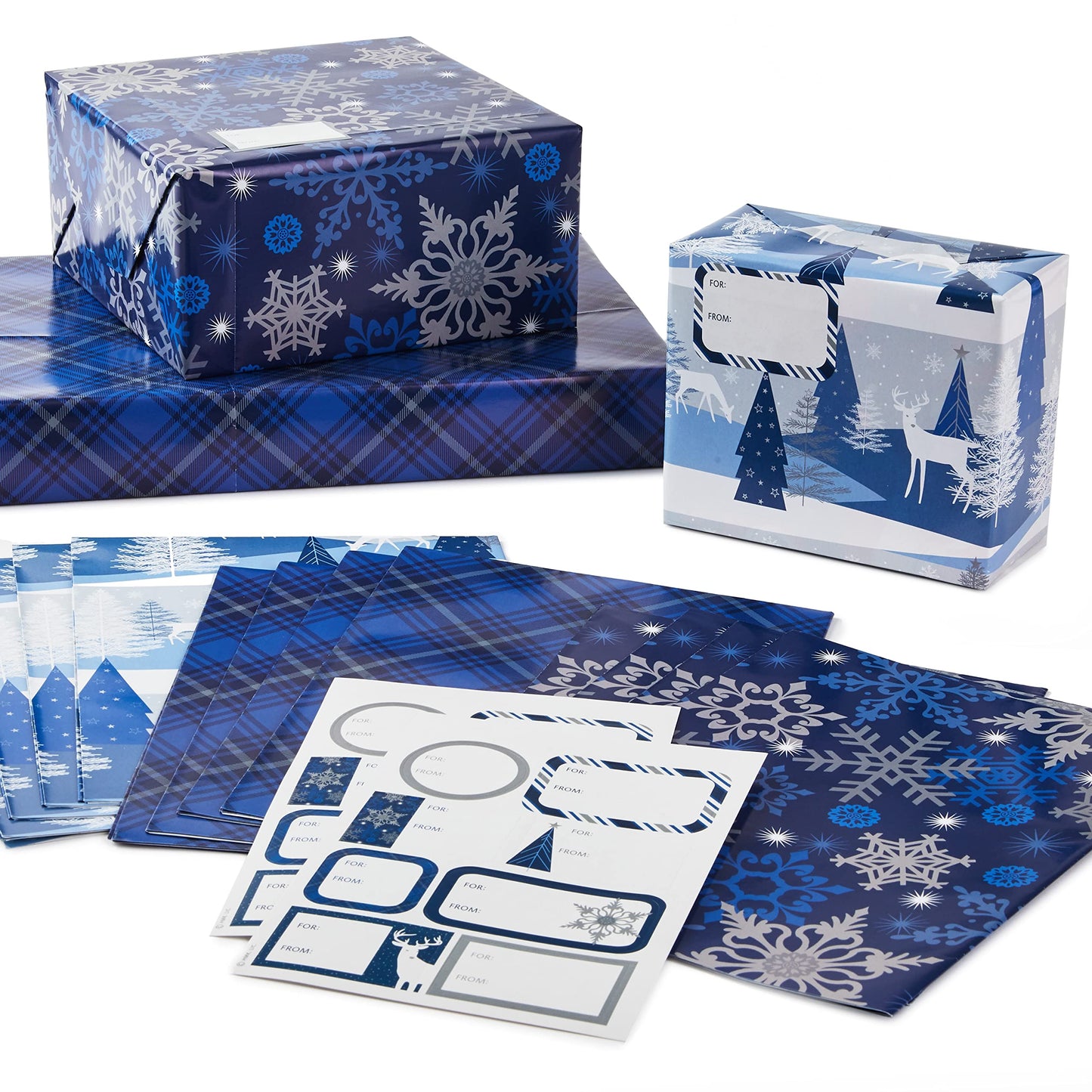 Hallmark Christmas Flat Wrapping Paper Sheets with Gift Tag Seals - Snowflakes, Deer, Tartan Plaid Gift Wrap Paper (12 Sheets, 16 Gift Tag Stickers) for Holiday Parties, Hanukkah, Winter Weddings