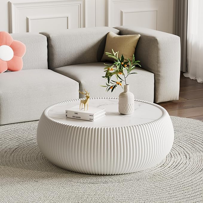 27.55" Round Marble Coffee Table, Modern Drum Coffee Cocktail Center Tables