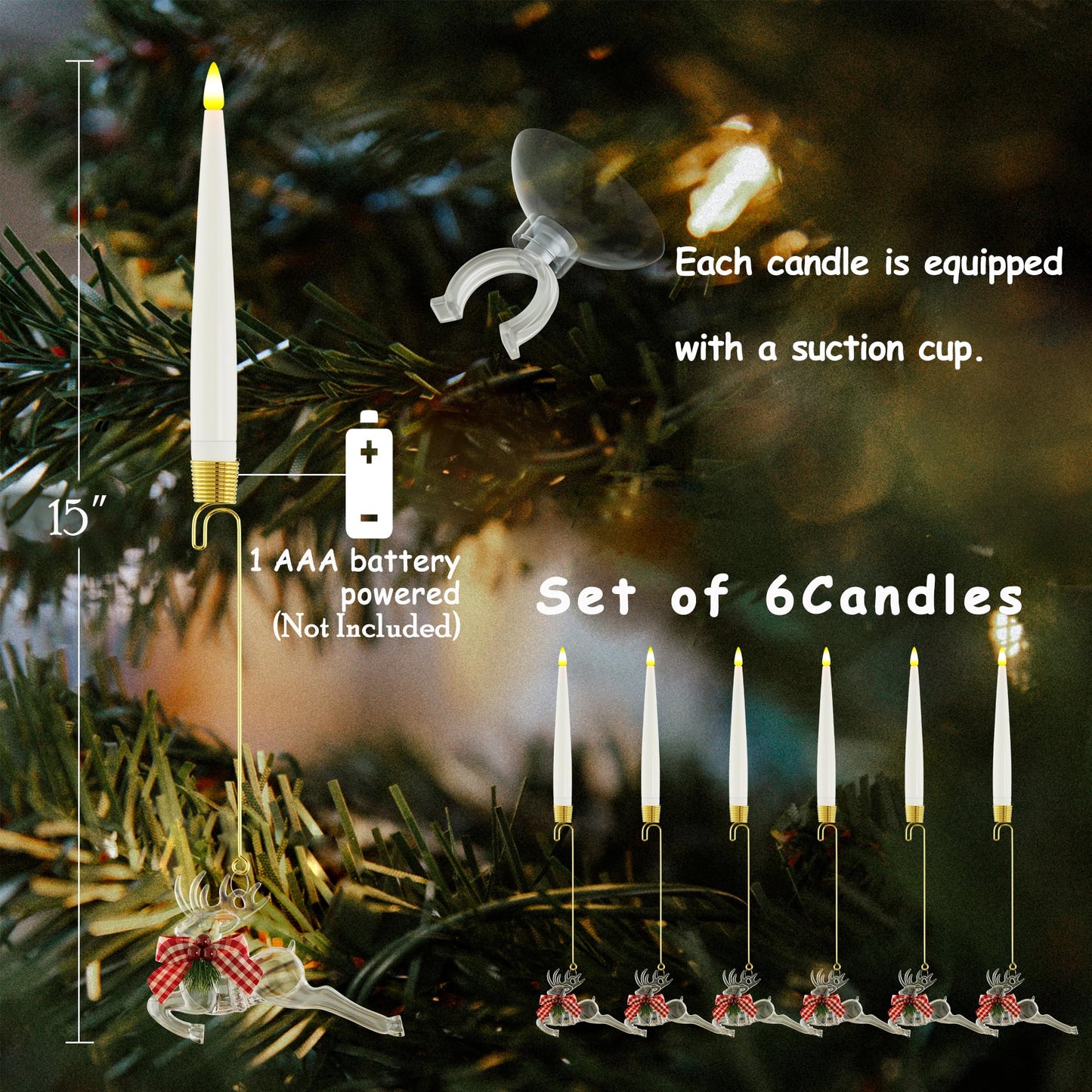 JOIONE Flameless Christmas Tree Candles with Remote, 6 Pack Battery Operated LED Candles with Suction Cup for Christmas Tree, Flickering Flame for Xmas Indoor Decor - Deer