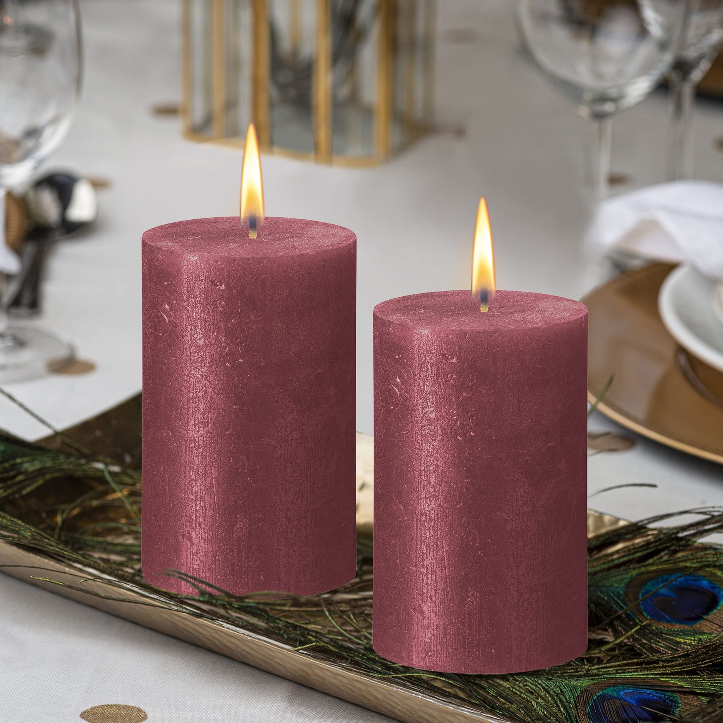 BOLSIUS Red Shimmer Metallic Pillar Candles 4 Pack - 2.75 X 5 Inches - Premium European Quality - Includes Natural Plant-Based Wax - Unscented Dripless Smokeless 60 Hour Party and Wedding Candles