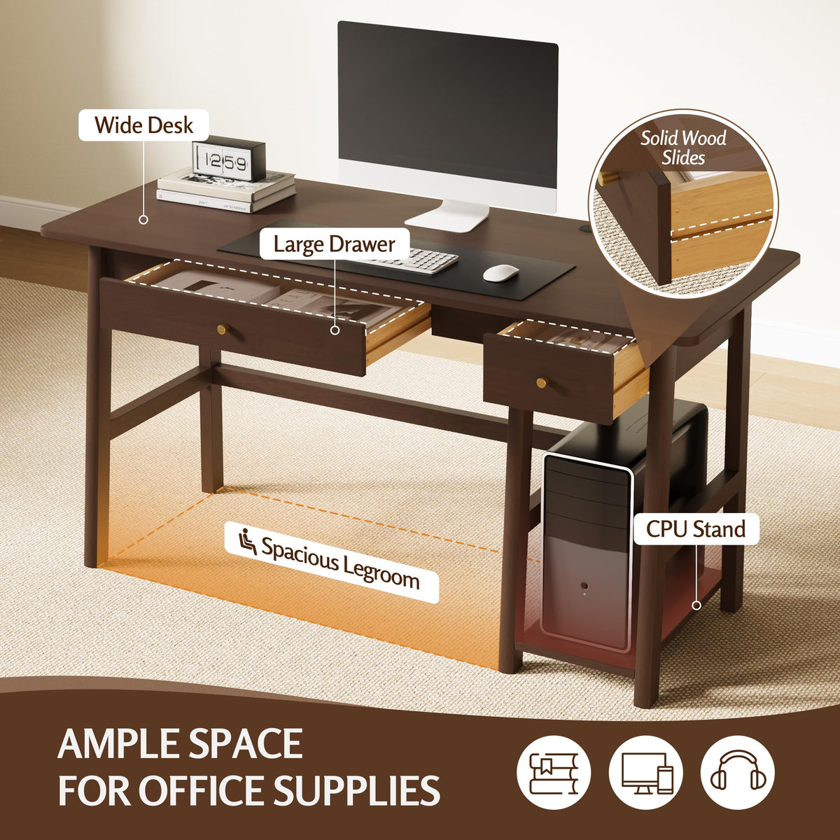 NELYE Solid Wood Desk with Drawer - 58 Inch Modern Writing and Computing Workstation for Home Office in Walnut