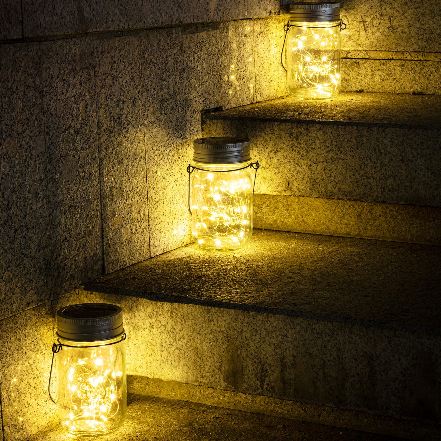 GIGALUMI Hanging Solar Mason Jar Lights, 6 Pack 30 Led Solar Lanterns Outdoor Hanging Lanterns, 6 Hangers and Jars Included. Great Outdoor Lawn Decorate for Patio Garden, Yard and Lawn
