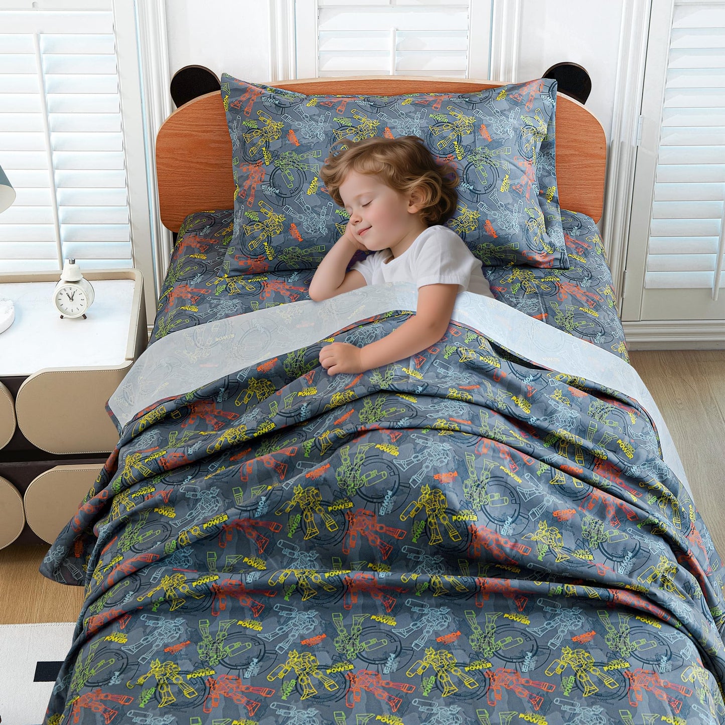 Softan Kids Bed Sheet Set, 3-Piece Twin Sheets Set, Microfiber Fitted Sheet with 15 Inches Deep Pocket and Corner Straps, Breathable & Silky Soft Linear Robot Printed Sheet and Pillowcase Sets