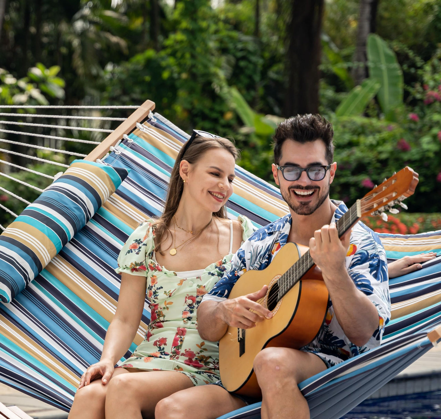 Lazy Daze Hammocks 2 Person Portable Hammock with 12FT Stand for Outside, 10.5FT Quilted Double Hammock with Spreader Bar and Detachable Pillow, 450lbs Capacity for Outdoor Patio, Beach Stripes