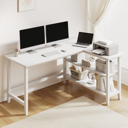 IOTXY Reversible L-Shaped Office Desk - 53" Modern Corner Computer Table with Storage Shelves, Solid Wood Legs, Home Writing & Study Workstation, White