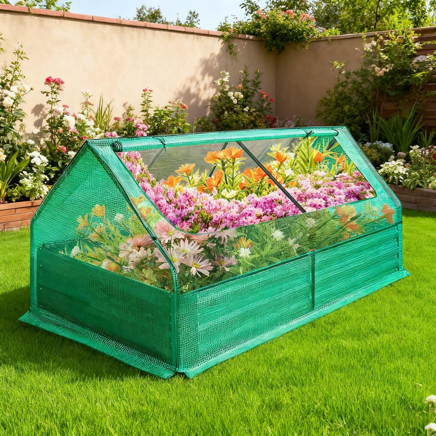 Portable Raised Garden Bed with Mini Greenhouse, 6 x 3 x 1 FT Galvanized Metal Planter Box with 2 Roll-up Zipper Windows PE Cover for Ventilation, Small Greenhouse for Outside Flower Herb Garden