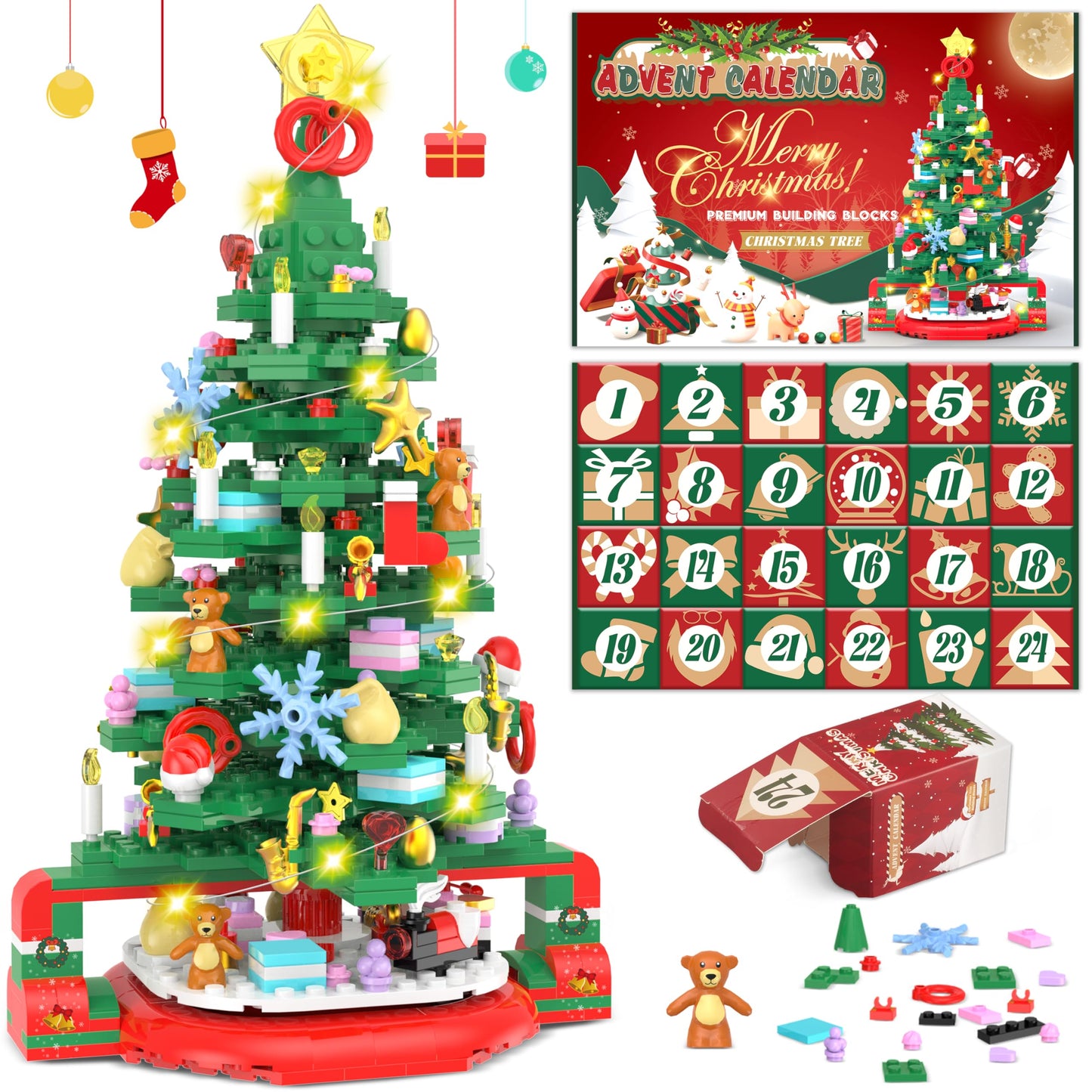 Alagoo Advent Calendar 2025 Christmas Tree Building Set with LED Light, 24 Days Christmas Countdown Calendar Christmas Tree Building Blocks, Xmas Gifts for Adults Teens Kids