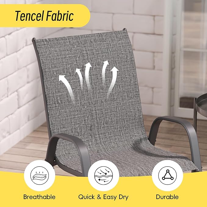 Betterhood Patio Chairs Set of 2, Stackable Outdoor Dining Chairs Set with Breathable Seat Fabric, All-Weather Powder-Coated Metal Frame for Deck, Pool Side and Backyard, 350LBS Capacity (Grey)