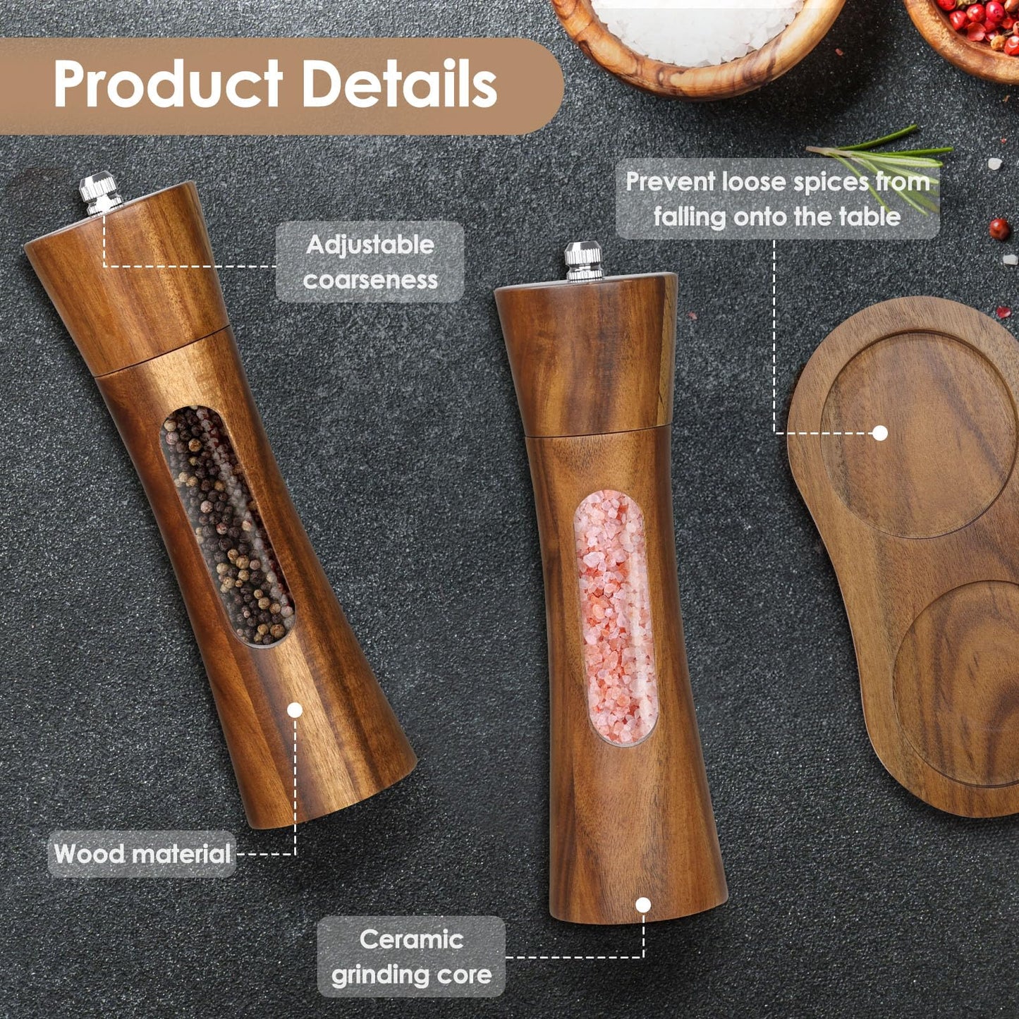 Foyucool 2 Pack Wooden Salt and Pepper Grinder Set, 8 inch Manual Salt and Pepper Mill with Brush and Spoon, Adjustable Coarseness, Refillable Pepper Grinder for Kitchen, Transparent