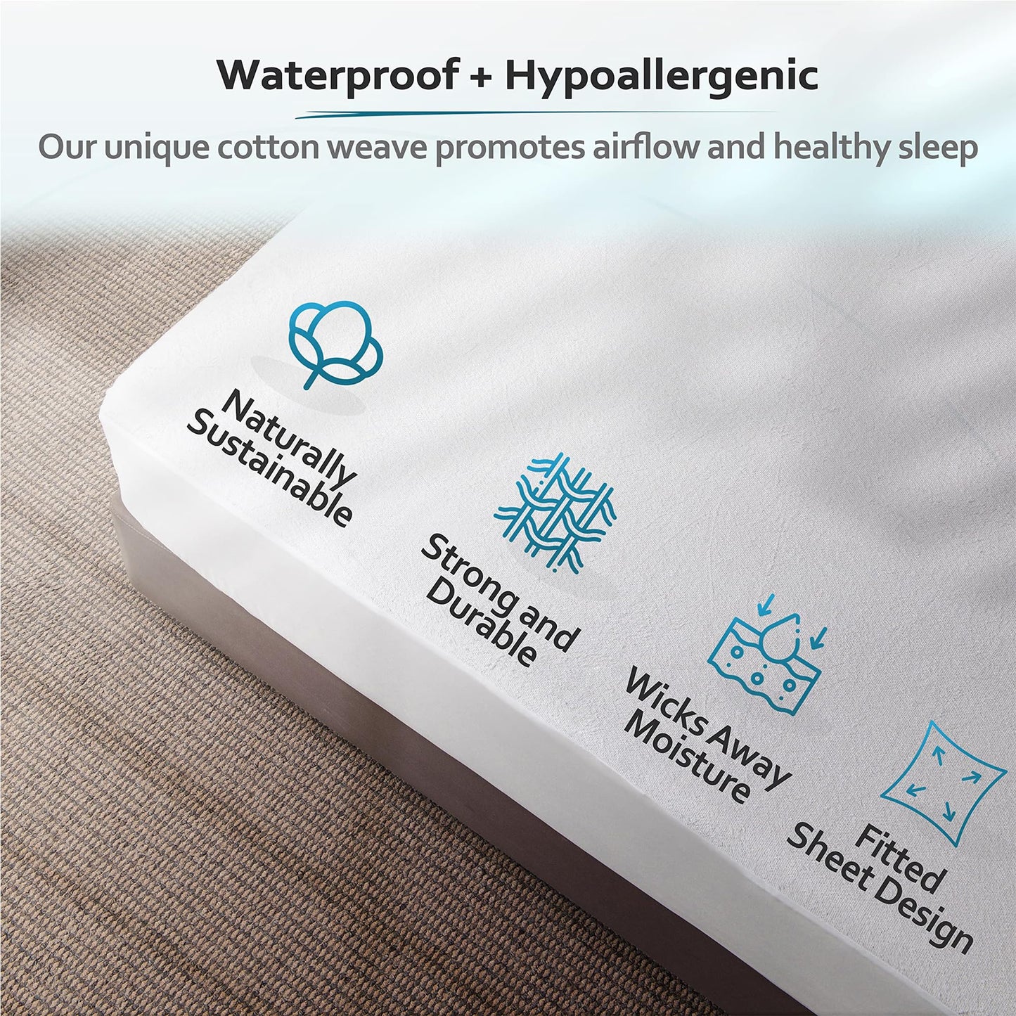 PlushDeluxe Queen Mattress Protector, Breathable Soft Terry Cotton Fitted Sheet Bed Cover with Deep Stretchable Pockets, 100% Waterproof, Noiseless, Hypoallergenic, Dust Mite Proof, 60"x80"x15"