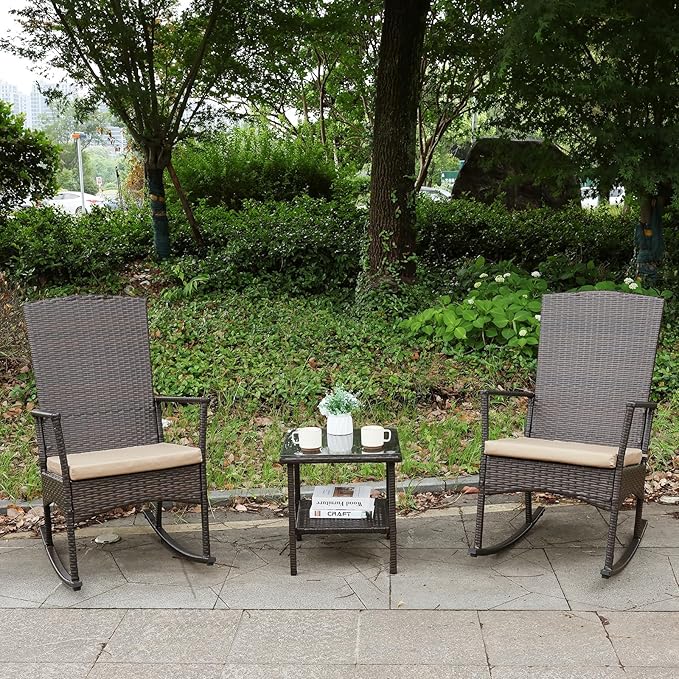 Outdoor Rocking Chair 3 Pieces High-Backed Rocking Chair Patio Rocking Chairs Outdoor Table, Khaki