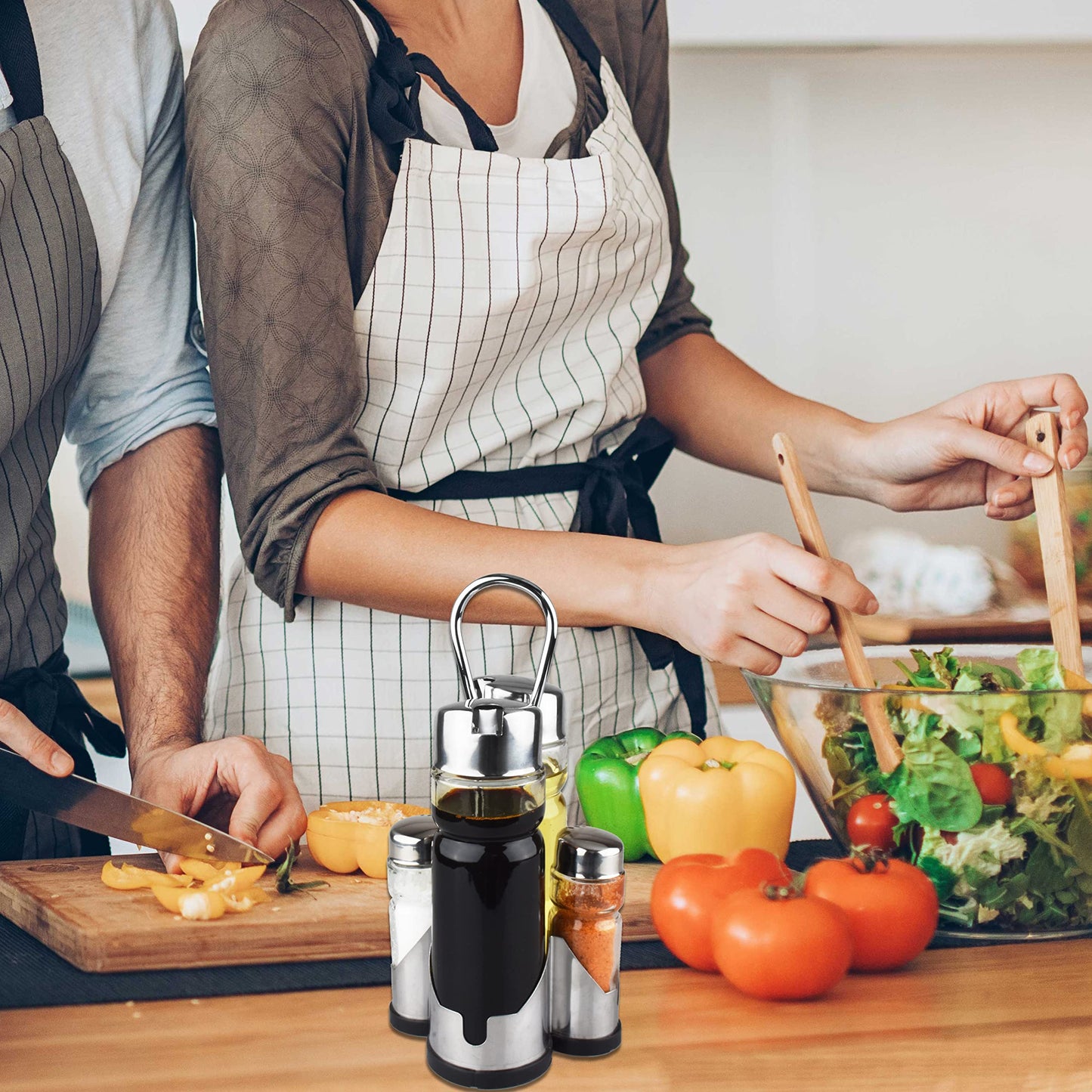 Salt and Pepper shakers, Oil and Vinegar Dispenser Set with Stainless Steel Holder (Salt & Pepper + Oil & Vinegar)