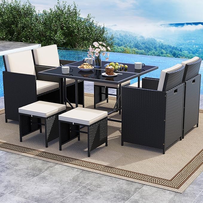 Tangkula 9 Piece Patio Dining Set, Rattan Chairs