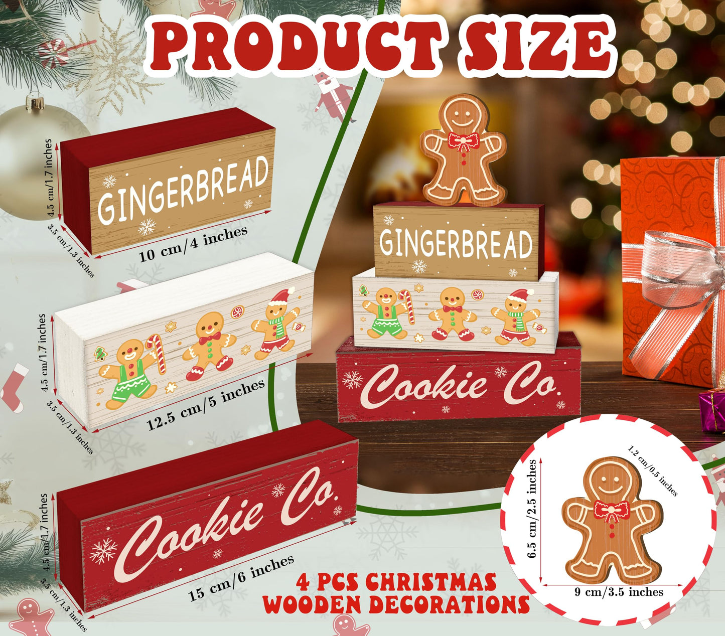 4 Pcs Gingerbread Christmas Decor, Cookie Co Table Decorations, Christmas Tiered Tray Desk Decor Gifts, Winter Wooden Xmas Stack Block Signs Table Centerpiece for Farmhouse Office -A15