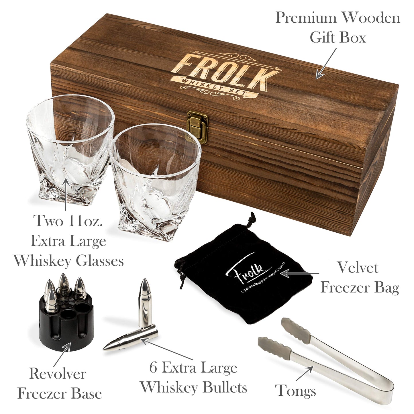 Whiskey Chillers Premium Gift Set By Frolk, Set of 6 Extra Large Stainless Steel Whiskey Stones, 2 Large Twisted Whiskey Glasses (11 oz), Freezer Base, Velvet Pouch & Tongs in Novelty Wooden Box