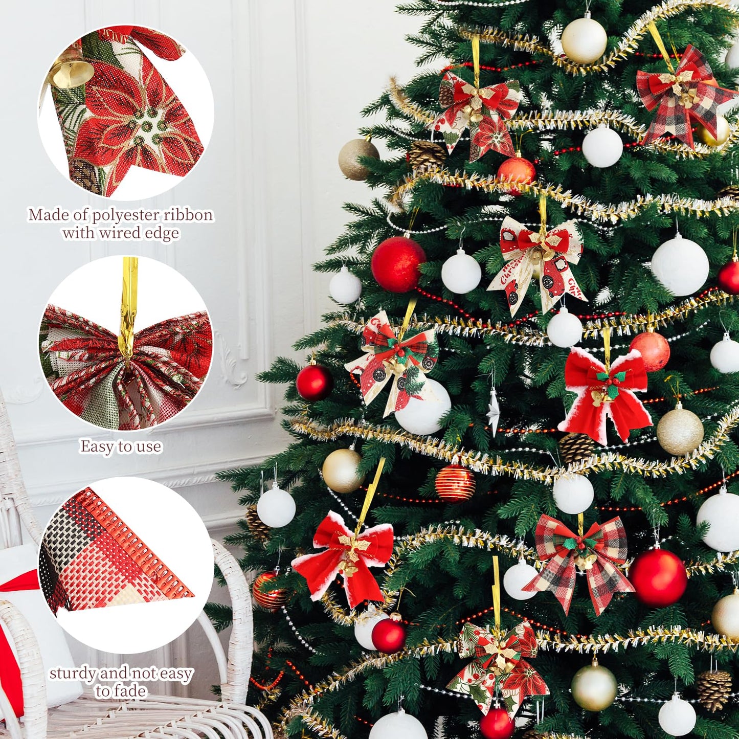 16PCS Mini Christmas Bows with Bells, 3.1"× 3.1" Gift Bows, 16 Styles, Ready-to-Hang Holiday Ornaments for Christmas Tree, Wreaths, Garlands, Doorway, Gift Wrap & DIY Decorations