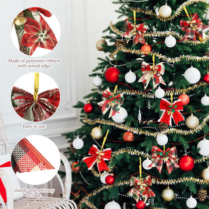 16PCS Mini Christmas Bows with Bells, 3.1"× 3.1" Gift Bows, 16 Styles, Ready-to-Hang Holiday Ornaments for Christmas Tree, Wreaths, Garlands, Doorway, Gift Wrap & DIY Decorations