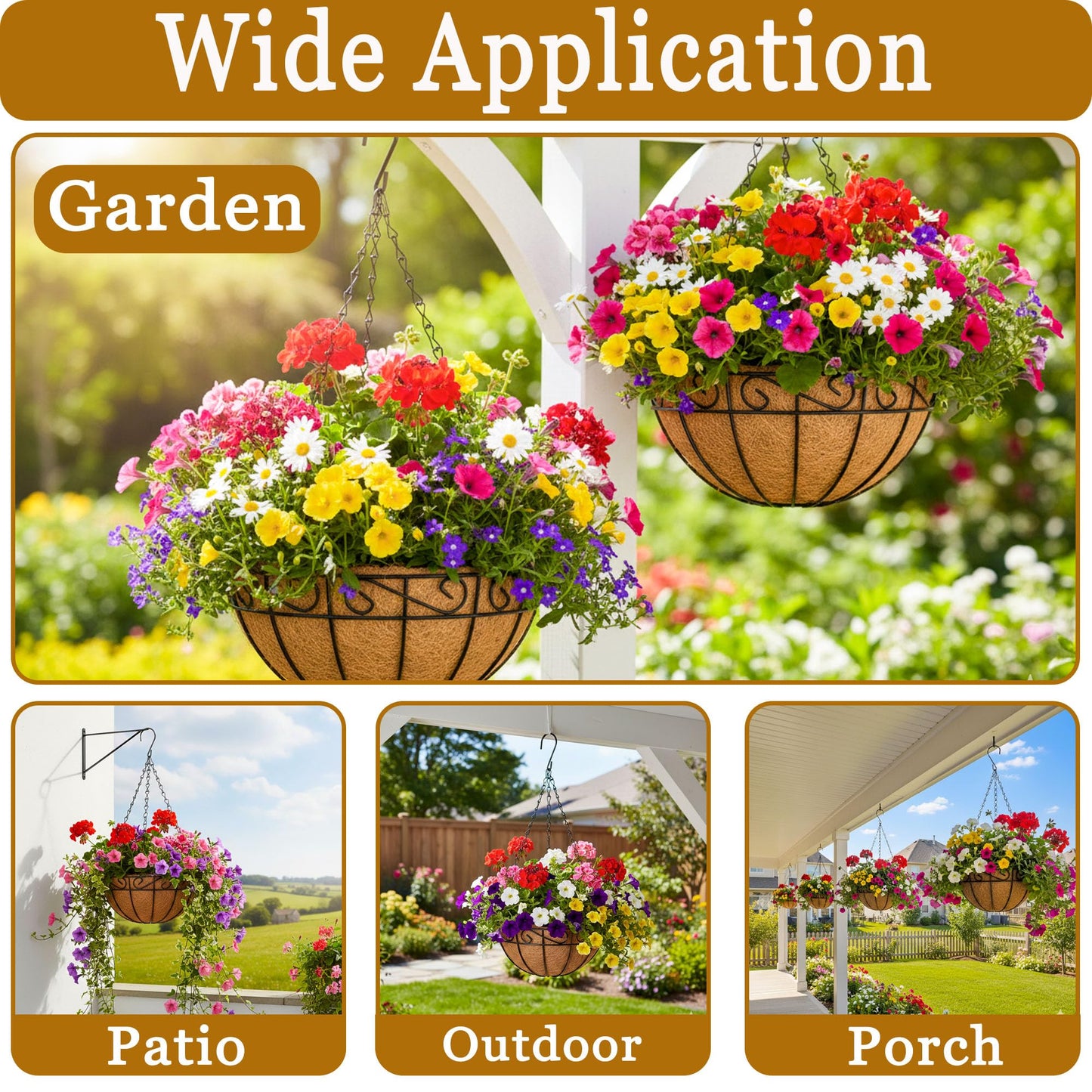 SMYAXUNW 4 Pack Hanging Planters 12 Inch Metal Hanging Planter Basket Flower Pots with Coco Coir Liners Round Wire Plant Holder with Chain for Indoor Outdoor Patio Porch Garden Decoration（HB）