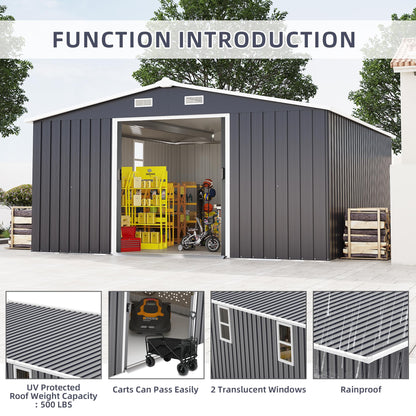 KEIKI 10' x 12' Metal Garden Storage Shed with Foundation Kit, Double Door Outdoor Tool Shed with 2 Windows, Color Steel Construction, Dark Gray