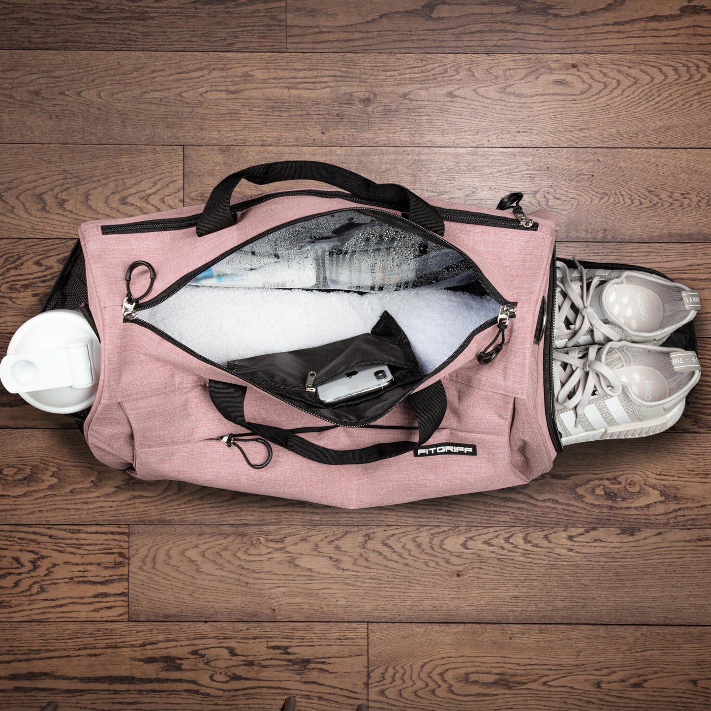 Fitgriff® Gym Bag for Men & Women with Shoe & Wet Compartment - Duffle Bag for Travel, Sports, Fitness & Workout (Pink, 23 x 12 x 12″ (M))