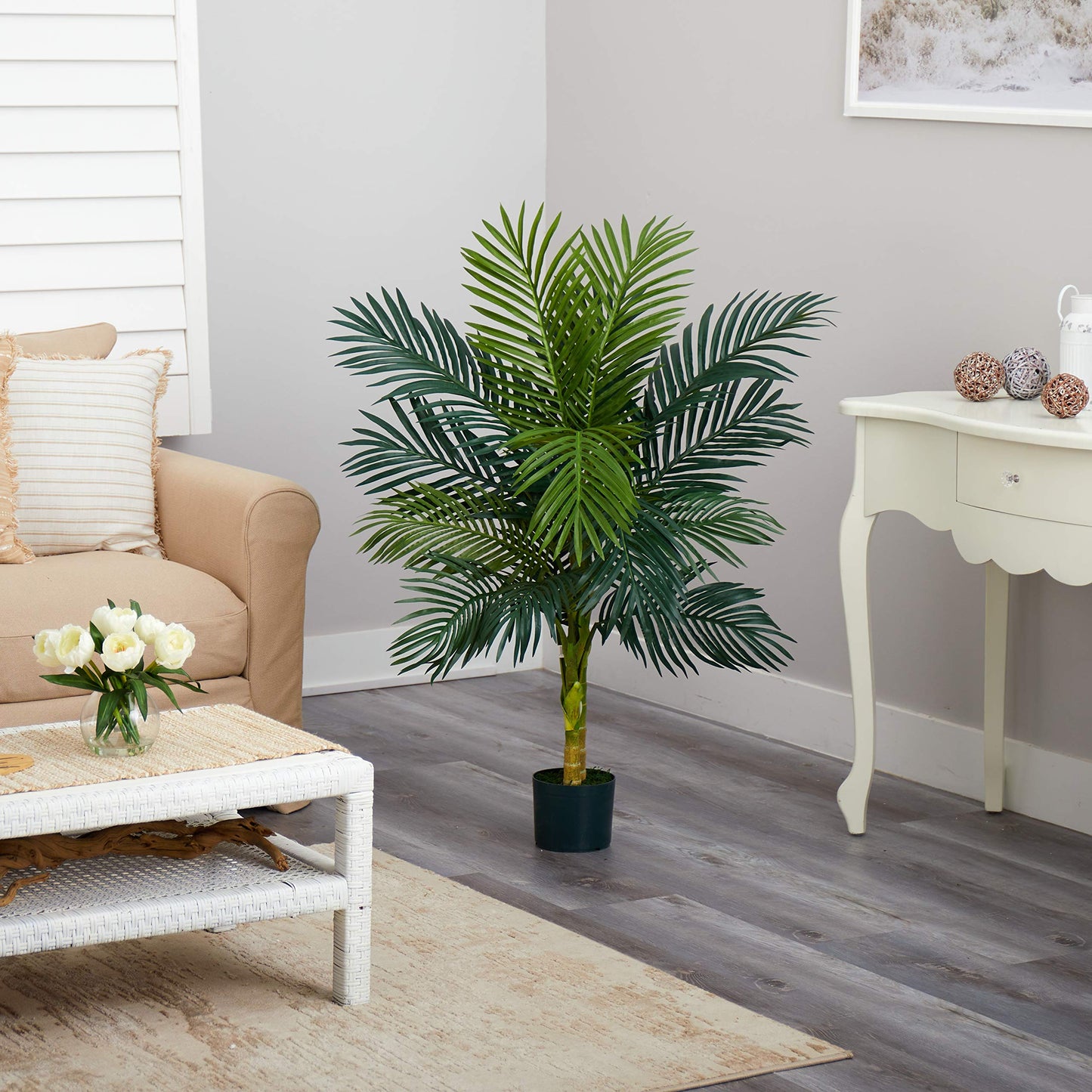 Nearly Natural 4ft Golden Cane Palm, Double Stalk Artificial Tree With Lush Realistic Foliage Maintenance Free Indoor Faux Palm Plant For Living Room, Easy Setup, Perfect Tropical Decoration