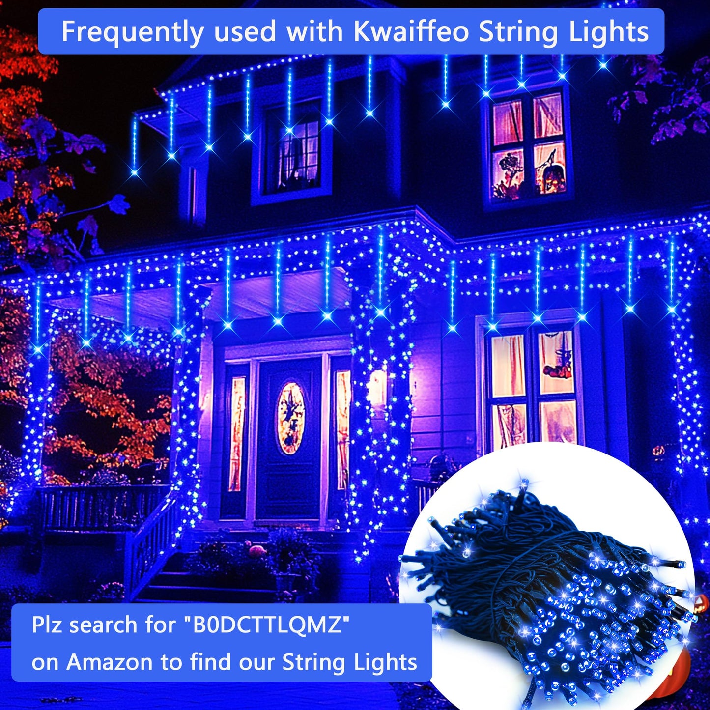 Kwaiffeo Blue Icicle Lights Outdoor, Waterproof Meteor Shower Lights for Christmas Halloween Yard Decorations Outside, UL Plug, 8-Tube