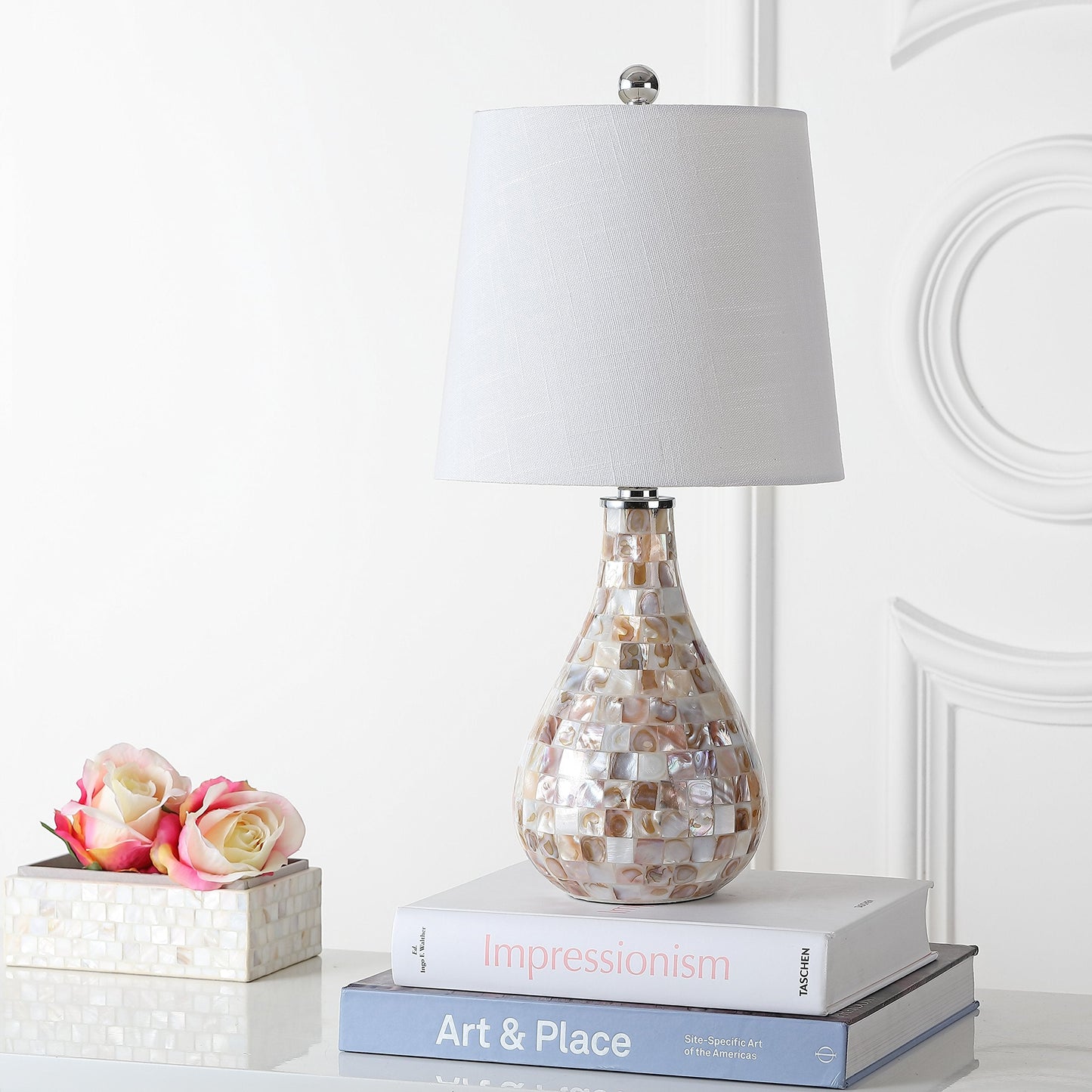 JONATHAN Y 20.5" Seashell Coastal Mini LED Table Lamp for Living Room Office, White Linen Drum Shade, Modern Mother of Pearl Bedside Nightstand Lamp, LED Bulb Included JYL1024A