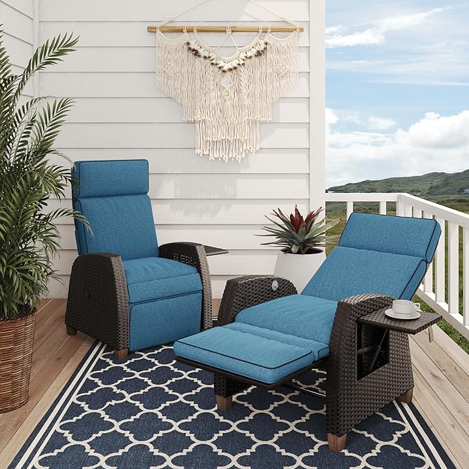 Grand patio Outdoor Reclining Chairs with Extended Footrest 2-Piece Adjustable Patio Wicker Lounge Recliner up to 150° with Flip Side Table Peacock Blue
