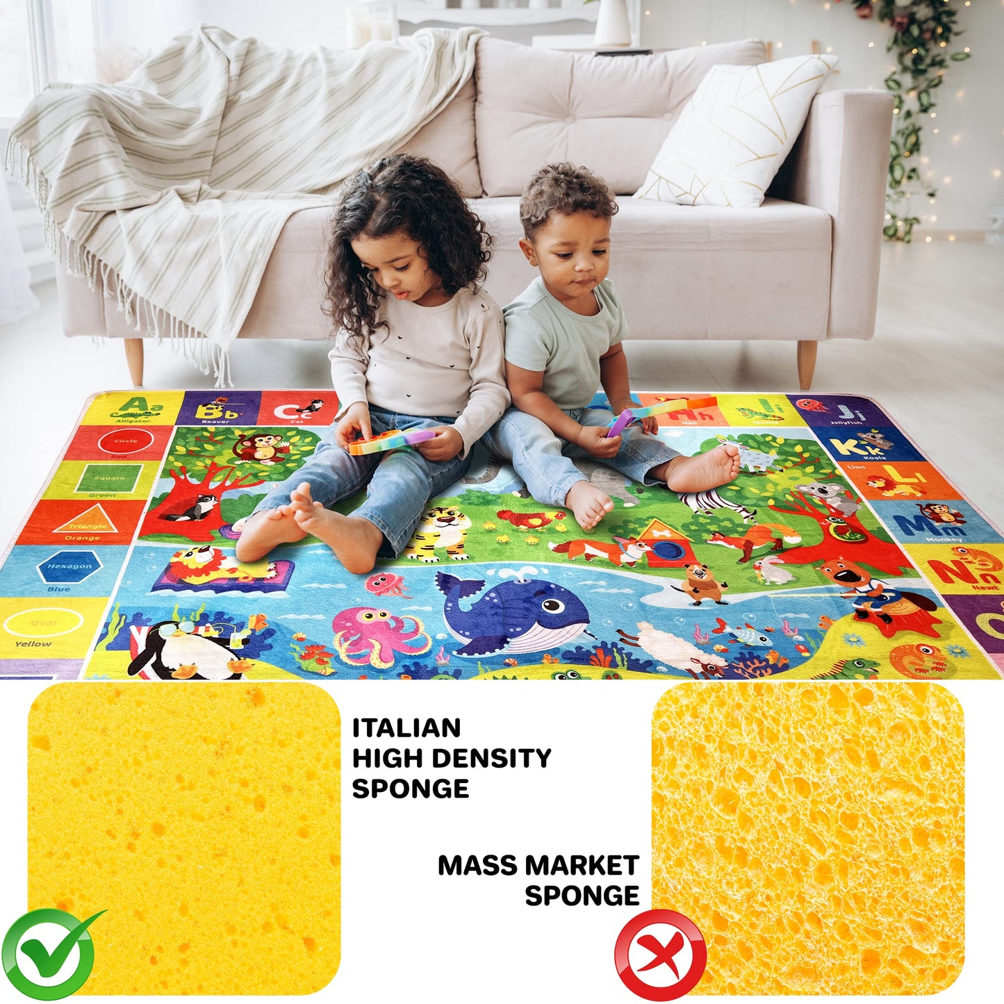 QUOKKA Baby Play Mat For Floor - 112x150 cm ABC Rug For Kids - Extra Thick (0.8cm) - Non-Slip Padded Nursery Mat for Crawling & Fun - Toddlers & Infants Foldable Gift Rug
