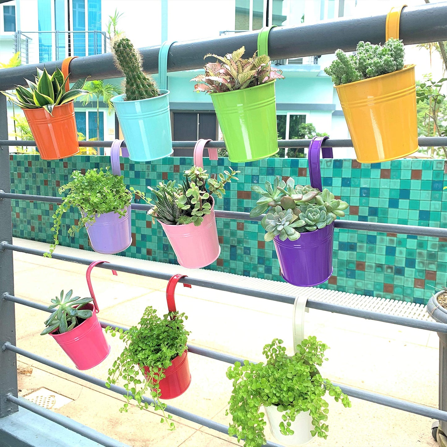 LaLaGreen Small Hanging Planters Outdoor - 10 Pack, 4 Inch Rainbow Planter Colorful Flower Pots Metal Iron, Rail Balcony Garden Deck Railing Plant Hanger Fence Wall, Herb Bucket Indoor Window Boxes