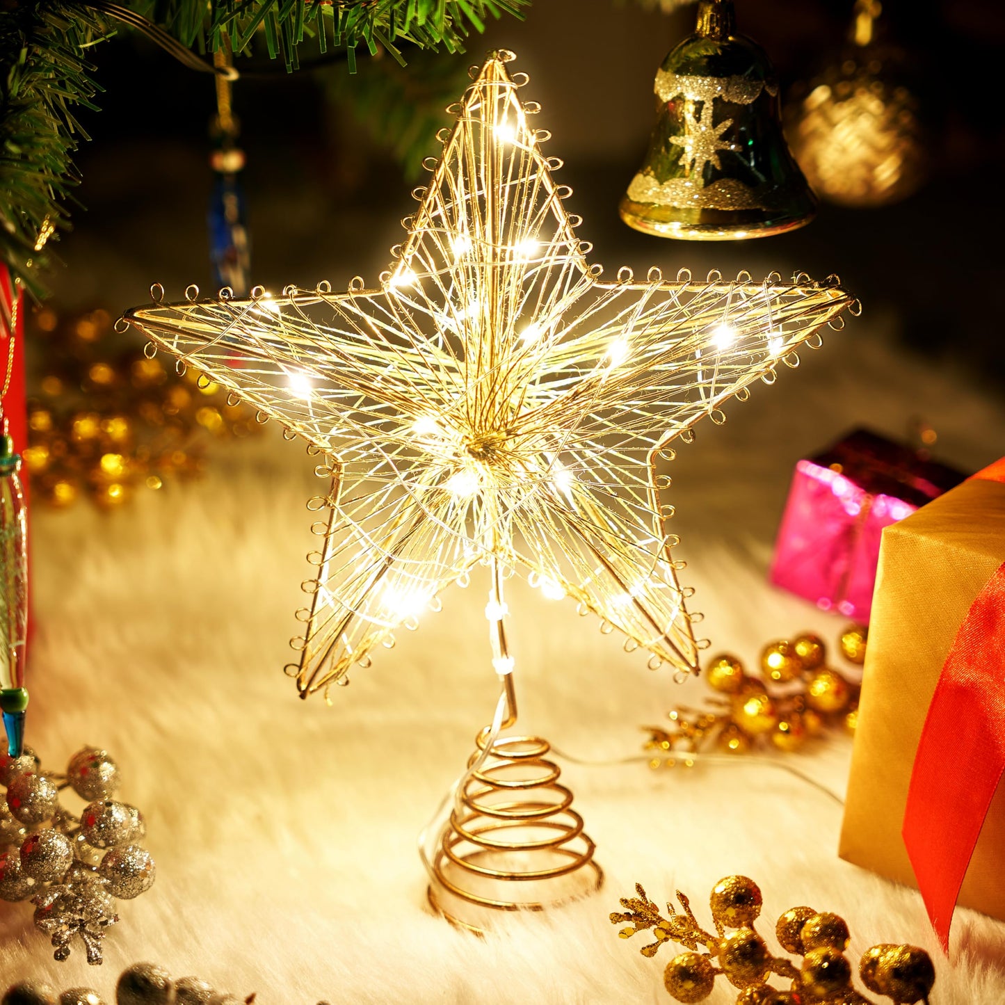 Joiedomi Christmas Tree Toppers 8" Gold Metal Star Decor with Battery Powered Treetop Ornaments with Warm White LED Lights for Xmas Holiday Party Indoor Decorations