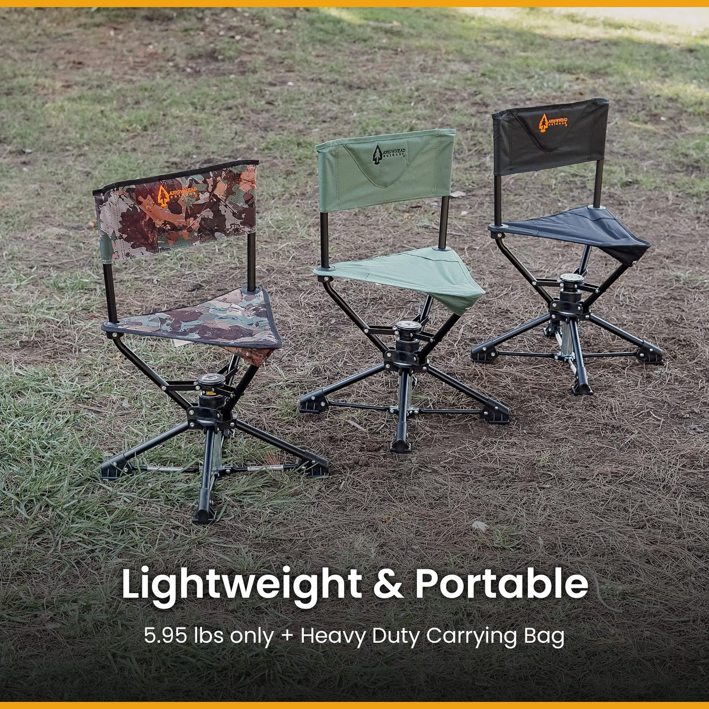 ARROWHEAD OUTDOOR 2-Pack 360° Degree Swivel Hunting Chair Stool Seat, Perfect for Blinds, No Sink Feet, Carrying Case, Fishing, 600D Canvas