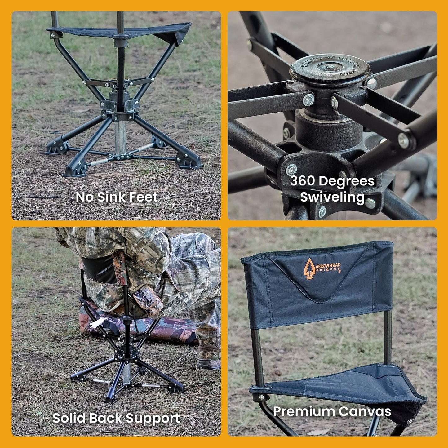 ARROWHEAD OUTDOOR 2-Pack 360° Degree Swivel Hunting Chair Stool Seat, Perfect for Blinds, No Sink Feet, Carrying Case, Fishing, 600D Canvas