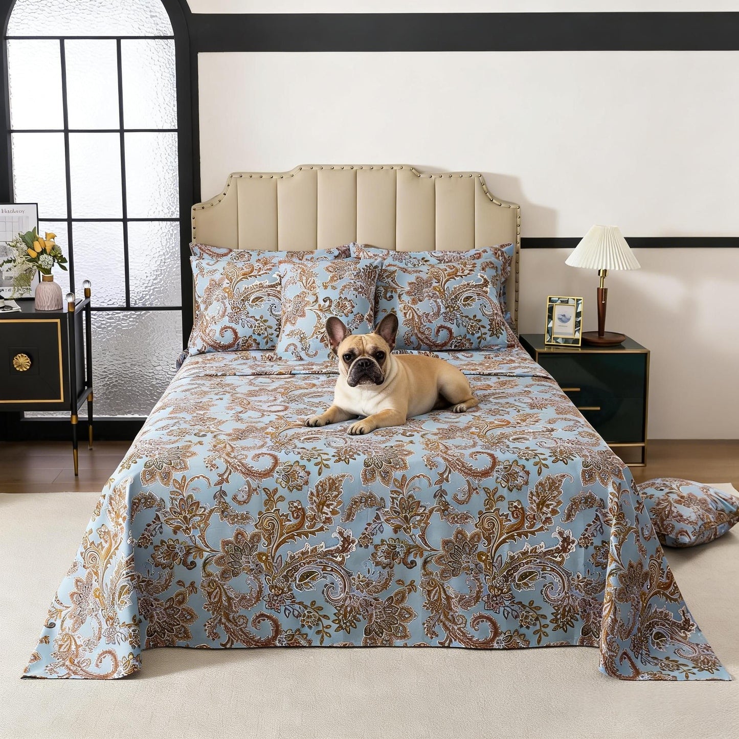 FADFAY King Sheet Set, Vintage Blue Paisley 4-Piece 100% Cotton Bed Sheets, Soft & Breathable Deep Pocket Fitted Sheet, Classic Elegant Style for All Seasons